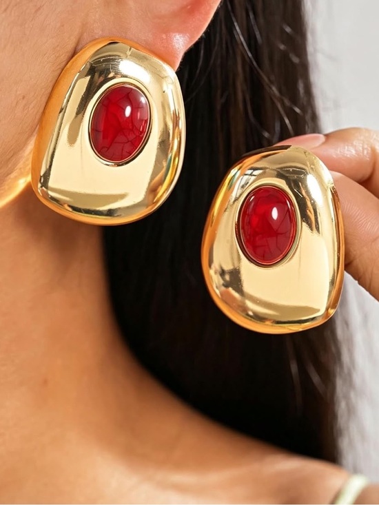 Anthropologie Jewelry - Anthropologie Gold-Tone Statement Earrings with Red Cabochon